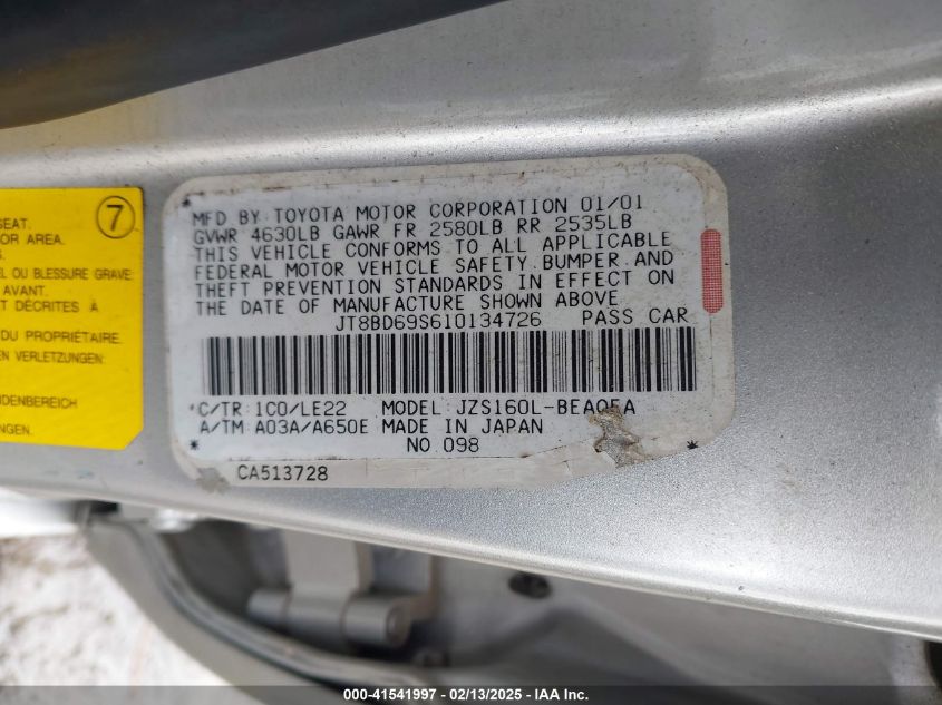 2001 Lexus Gs 300 VIN: JT8BD69S610134726 Lot: 41541997