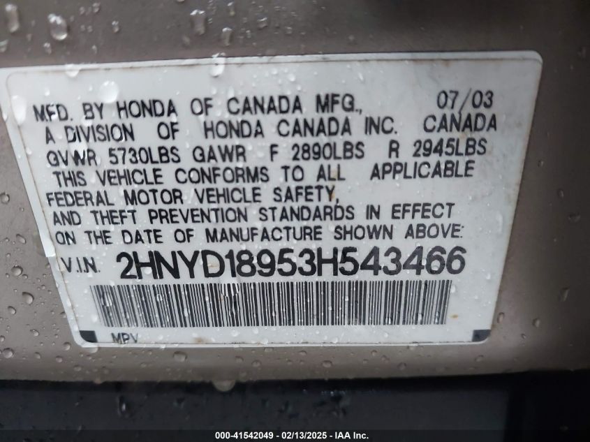 2003 Acura Mdx VIN: 2HNYD18953H543466 Lot: 41542049