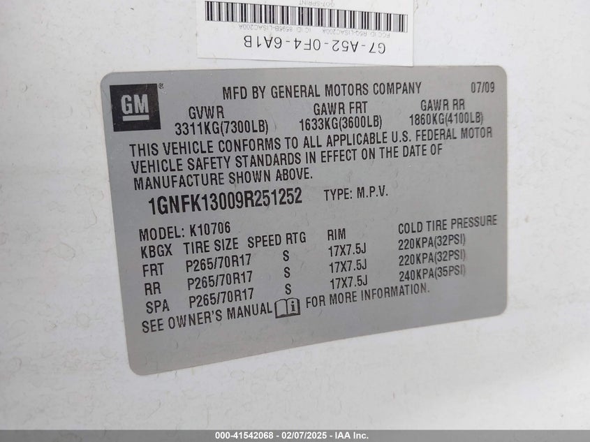 2009 CHEVROLET TAHOE VIN: 1GNFK13009R251252