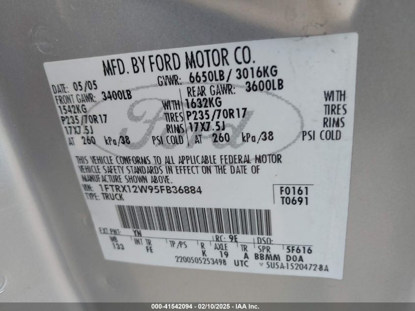 2005 Ford F-150 Stx/Xl/Xlt VIN: 1FTRX12W95FB36884 Lot: 41542094