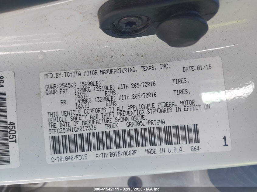 2016 TOYOTA TACOMA VIN: 5TFCZ5AN1GX017336