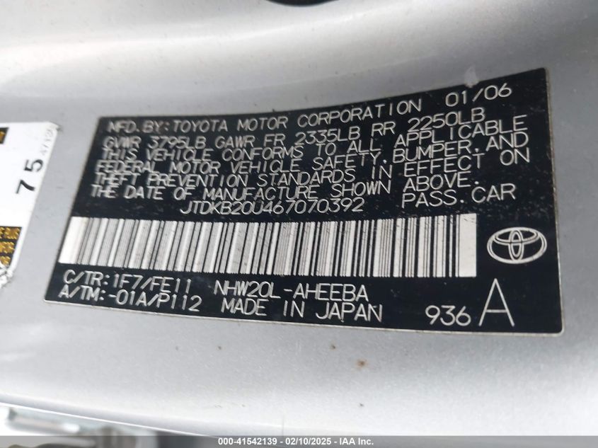2006 Toyota Prius VIN: JTDKB20U467070392 Lot: 41542139
