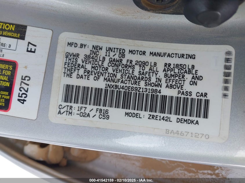 2009 TOYOTA COROLLA VIN: 1NXBU40E69Z131984