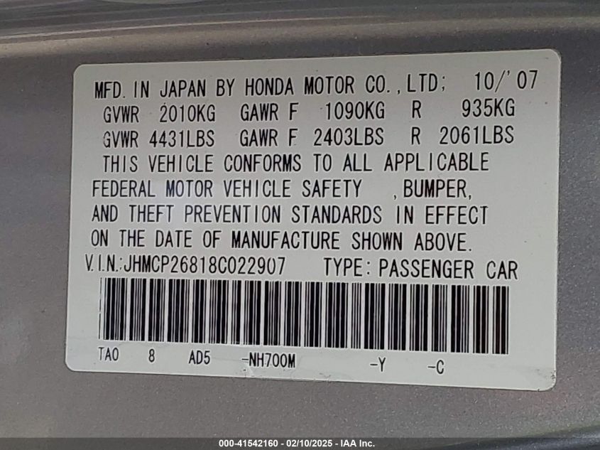 2008 Honda Accord 2.4 Ex-L VIN: JHMCP26818C022907 Lot: 41542160