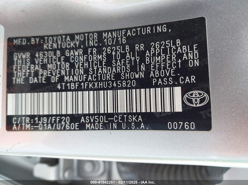 2017 TOYOTA CAMRY VIN: 4T1BF1FKXHU345820