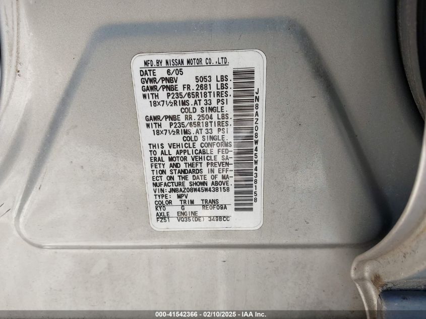 2005 Nissan Murano Sl VIN: JN8AZ08W45W438158 Lot: 41542366