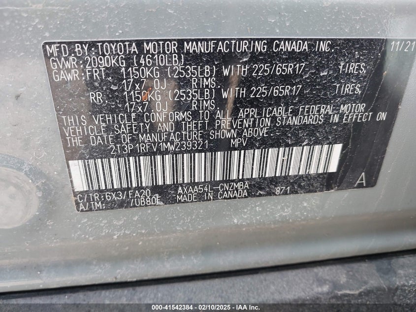 2021 TOYOTA RAV4 VIN: 2T3P1RFV1MW239321
