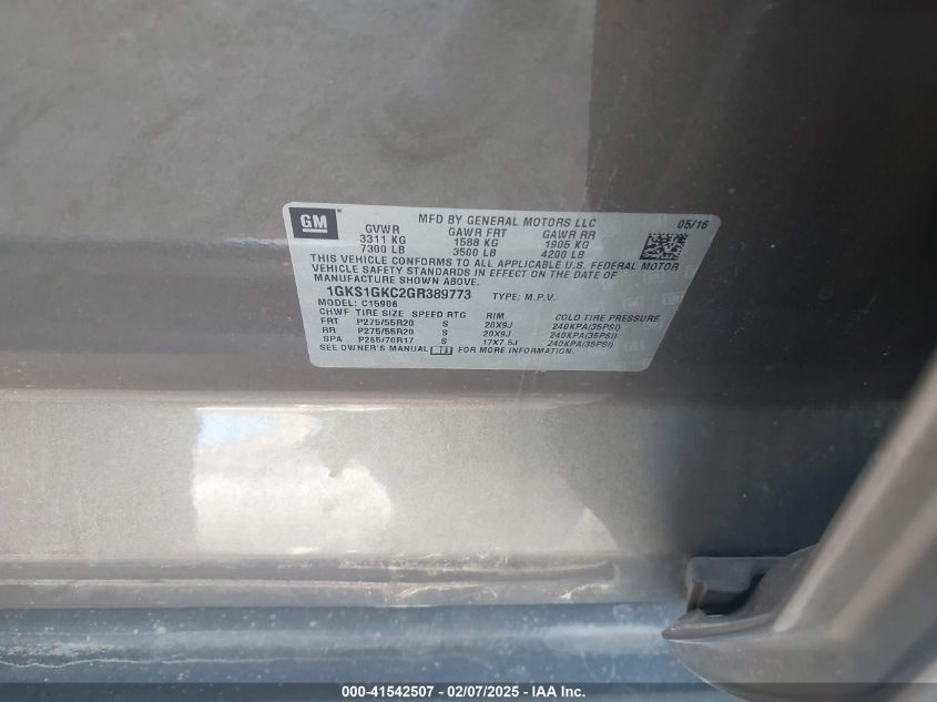 2016 GMC Yukon Xl Slt VIN: 1GKS1GKC2GR389773 Lot: 41542507
