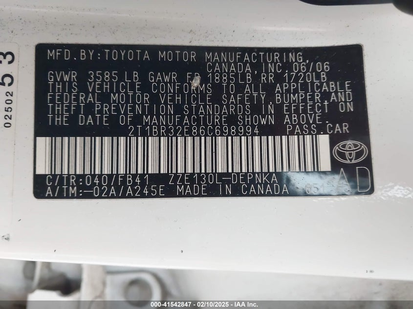 2006 TOYOTA COROLLA VIN: 2T1BR32E86C698994