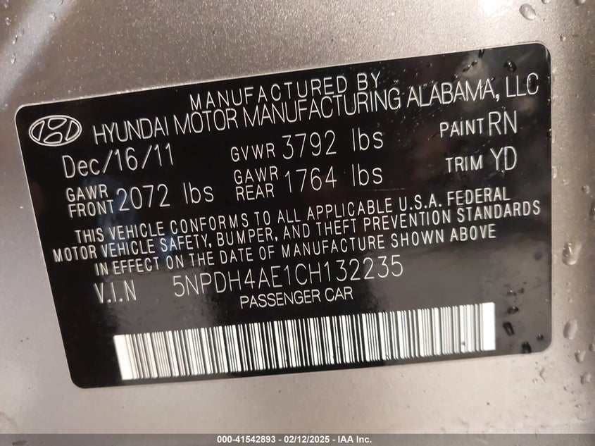 2012 HYUNDAI ELANTRA VIN: 5NPDH4AE1CH132235