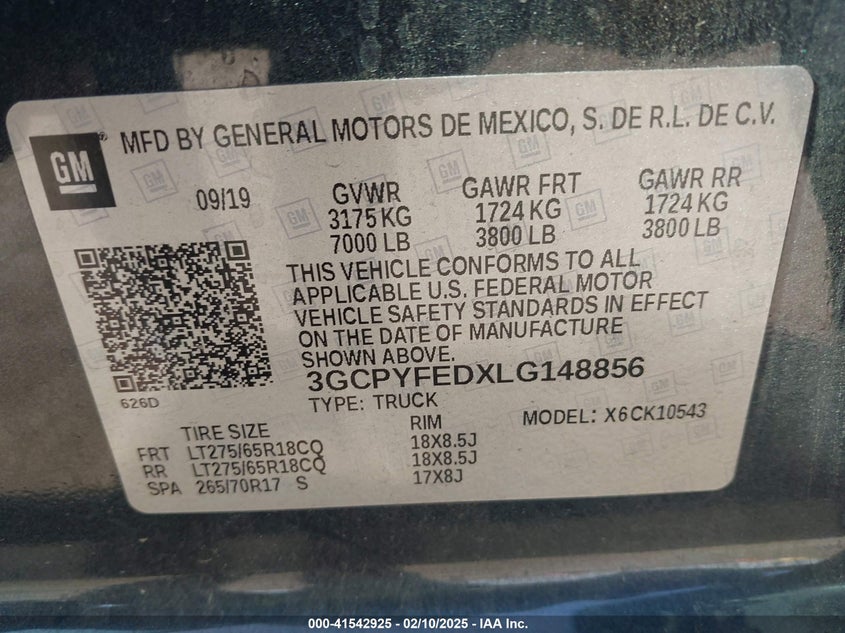 2020 CHEVROLET SILVERADO 1500 VIN: 3GCPYFEDXLG148856