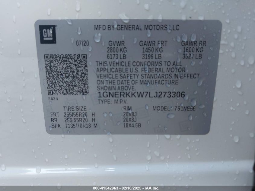 2020 Chevrolet Traverse Fwd Premier VIN: 1GNERKKW7LJ273306 Lot: 41542963