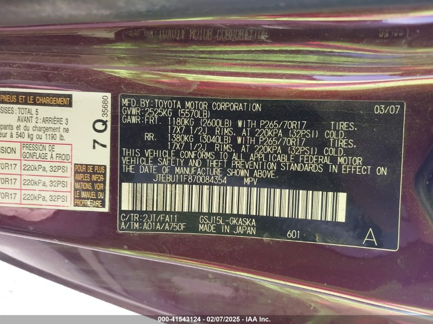 2007 Toyota Fj Cruiser VIN: JTEBU11F870084354 Lot: 41543124