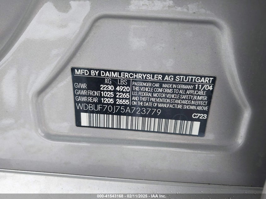 2005 Mercedes-Benz E VIN: WDBUF70J75A72377 Lot: 41543168