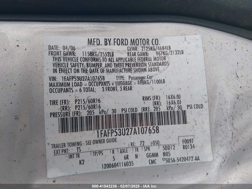2007 FORD TAURUS VIN: 1FAFP53U27A107658