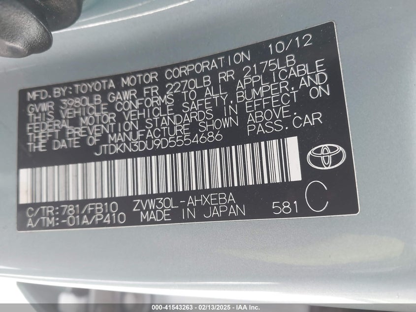 2013 TOYOTA PRIUS VIN: JTDKN3DU9D5554686