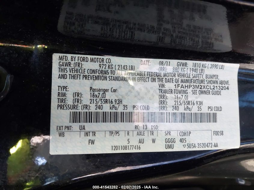 2012 Ford Focus Sel VIN: 1FAHP3M2XCL213204 Lot: 41543282