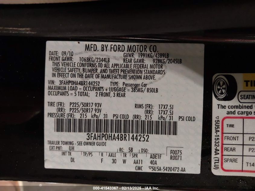 2011 Ford Fusion Se VIN: 3FAHP0HA4BR144252 Lot: 41543367