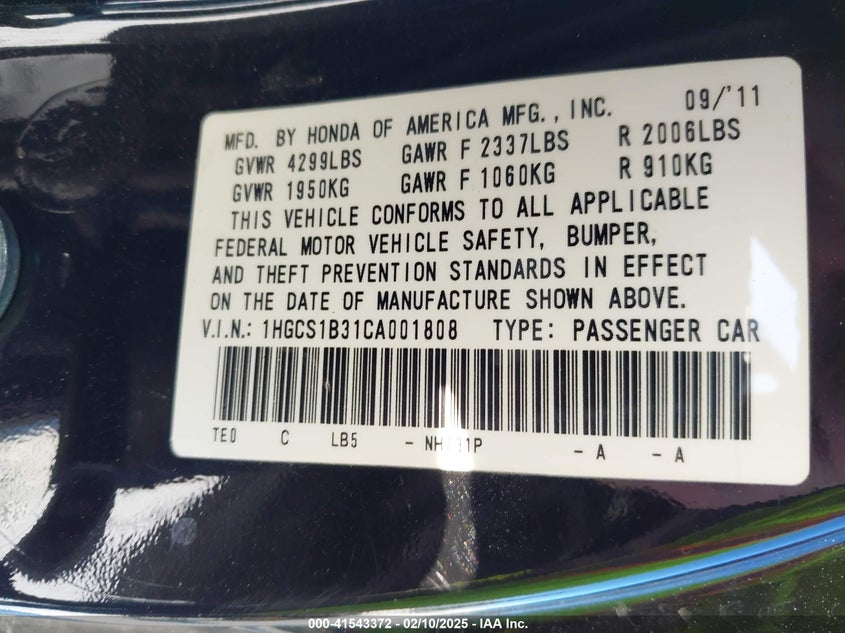 2012 HONDA ACCORD VIN: 1HGCS1B31CA001808