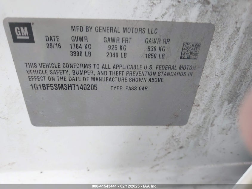 2017 CHEVROLET CRUZE VIN: 1G1BF5SM3H7140205