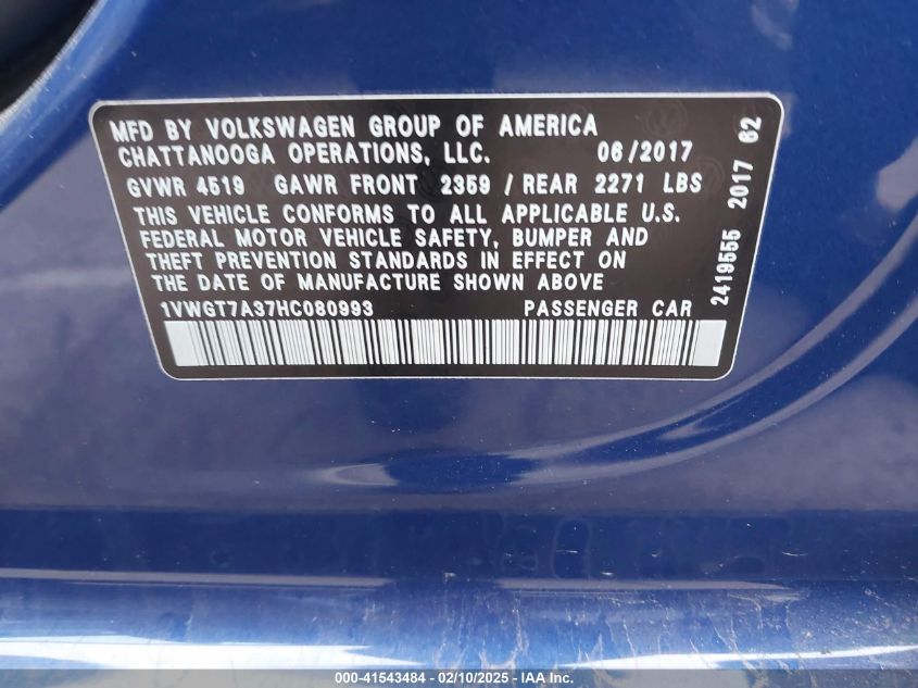 2017 Volkswagen Passat 1.8T Se VIN: 1VWGT7A37HC080993 Lot: 41543484