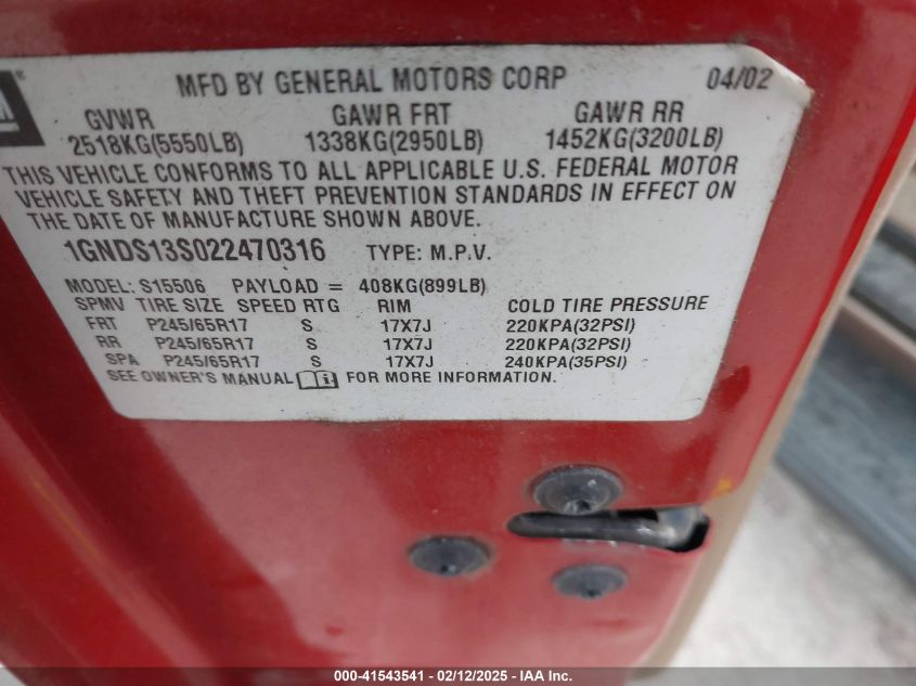 2002 Chevrolet Trailblazer Ltz VIN: 1GNDS13S022470316 Lot: 41543541