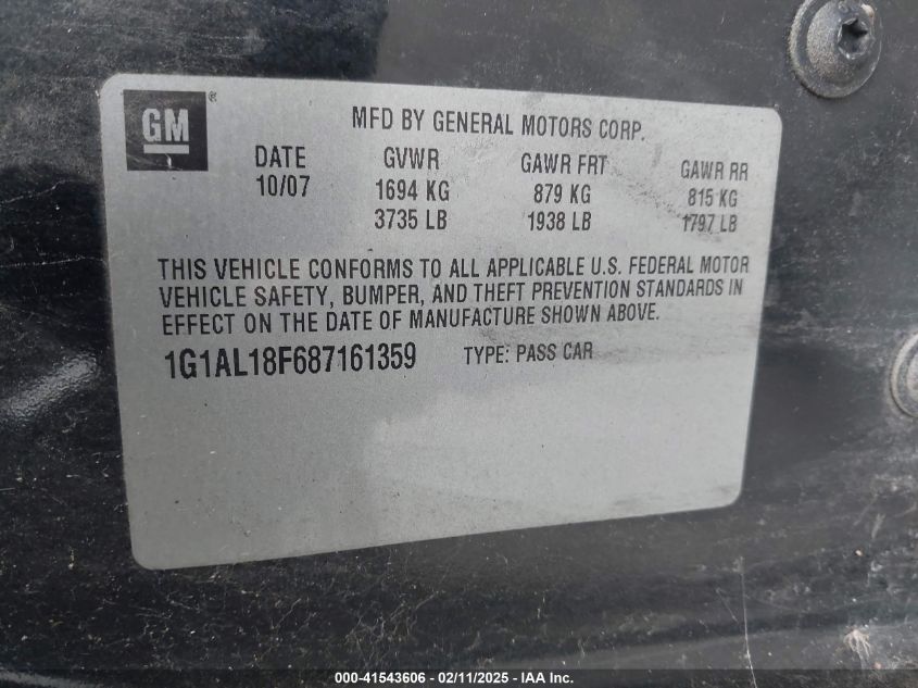 2008 Chevrolet Cobalt Lt VIN: 1G1AL18F687161359 Lot: 41543606