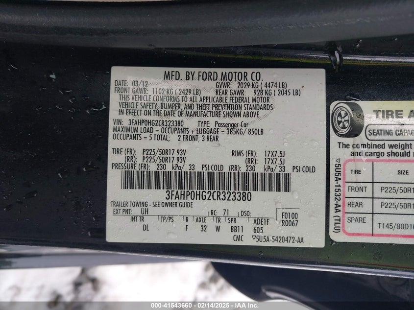 2012 FORD FUSION VIN: 3FAHP0HG2CR323380