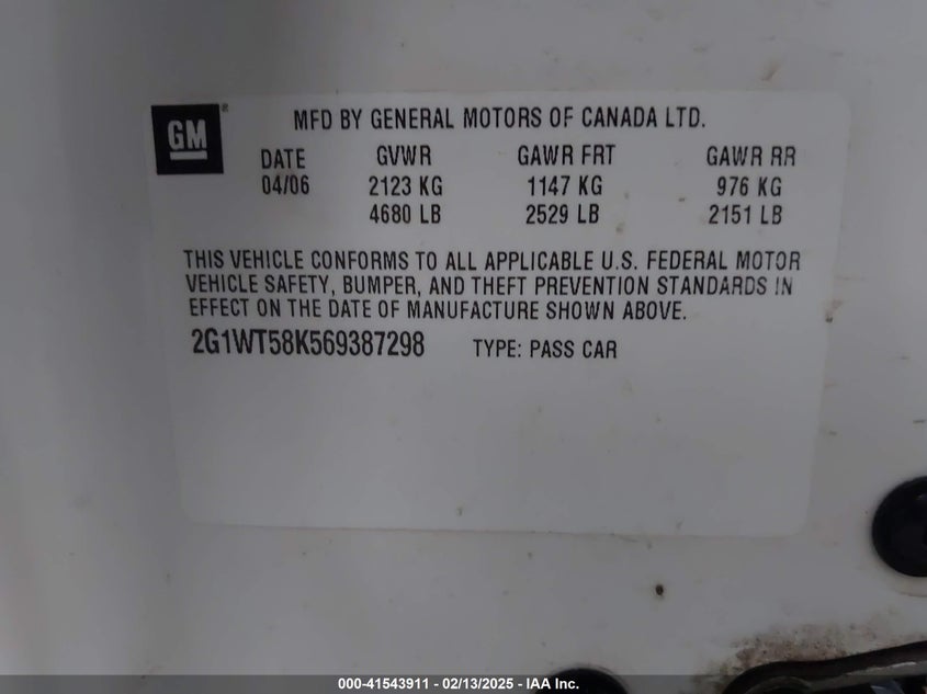 2006 CHEVROLET IMPALA VIN: 2G1WT58K569387298