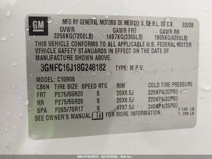 2008 Chevrolet Suburban 1500 Ltz VIN: 3GNFC16J18G248182 Lot: 41543970