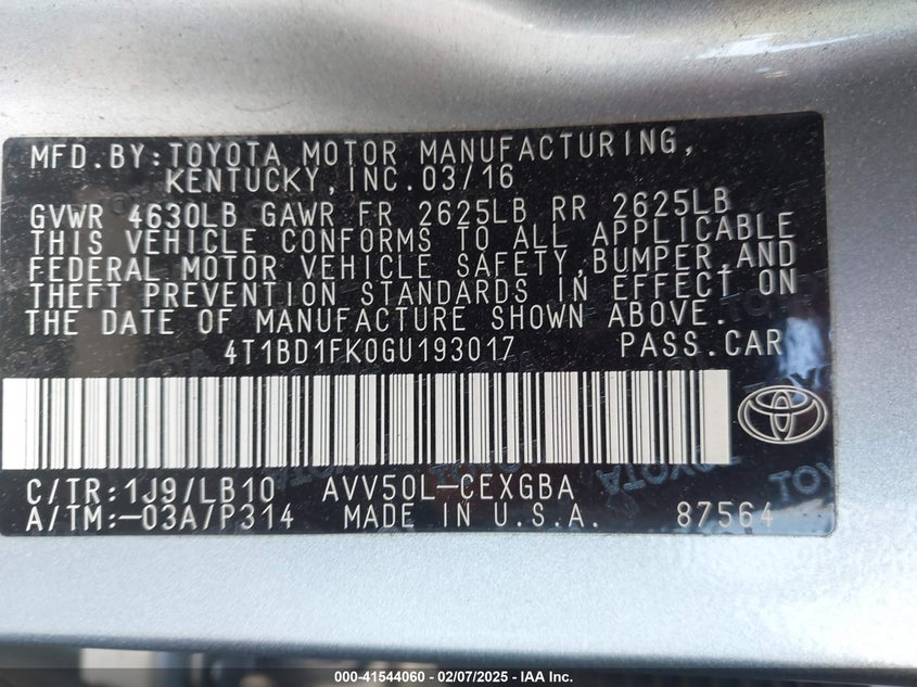 2016 TOYOTA CAMRY HYBRID VIN: 4T1BD1FK0GU193017