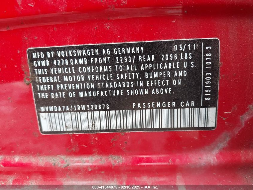 2011 Volkswagen Golf 2.5L 4-Door VIN: WVWDA7AJ1BW330678 Lot: 41544075