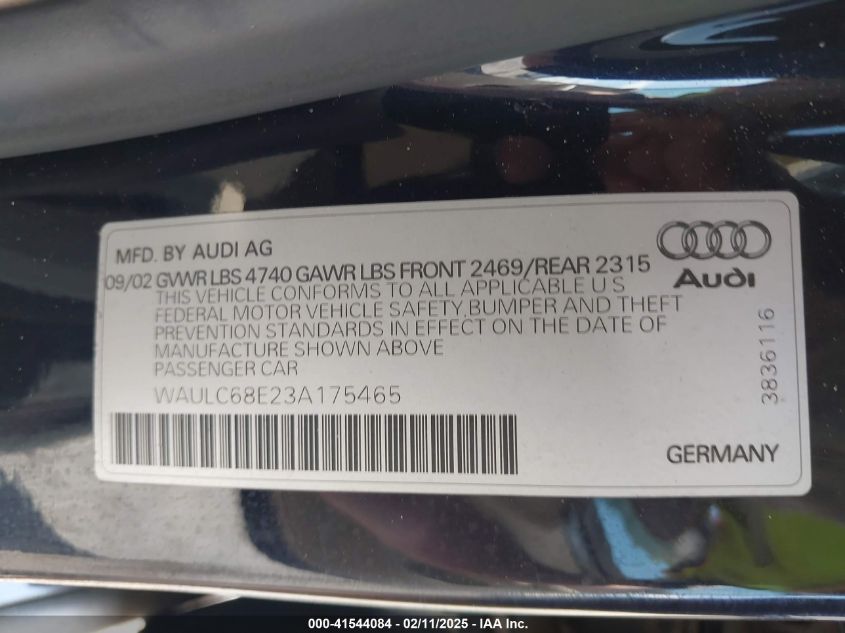2003 Audi A4 3.0 VIN: WAULT68E23A175465 Lot: 41544084