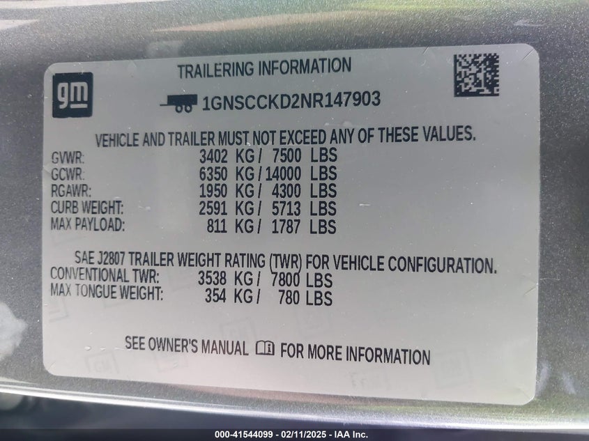 2022 CHEVROLET SUBURBAN VIN: 1GNSCCKD2NR147903