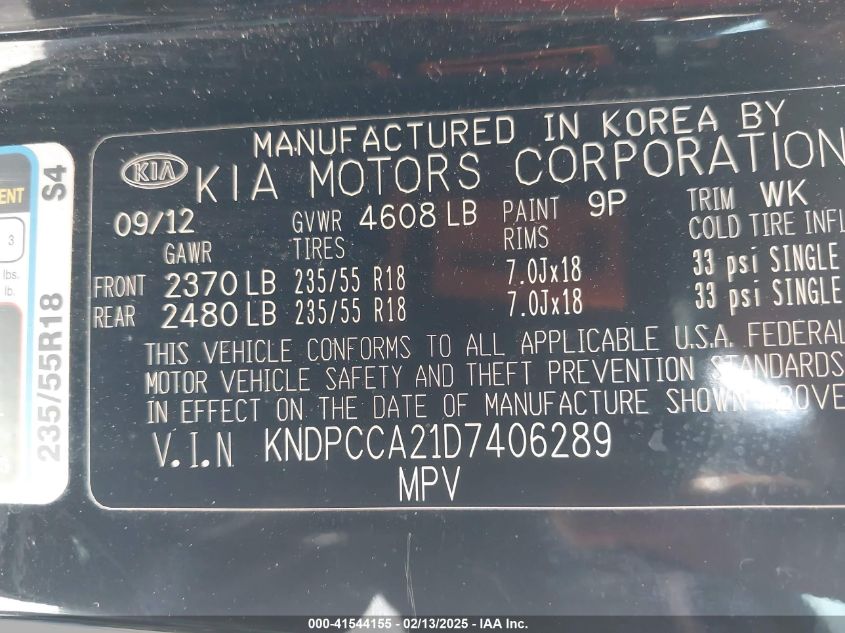 2013 Kia Sportage Ex VIN: KNDPCCA21D7406289 Lot: 41544155