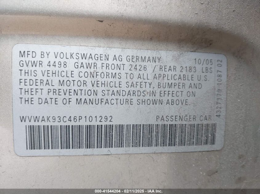 2006 Volkswagen Passat 2.0T VIN: WVWAK93C46P101292 Lot: 41544204