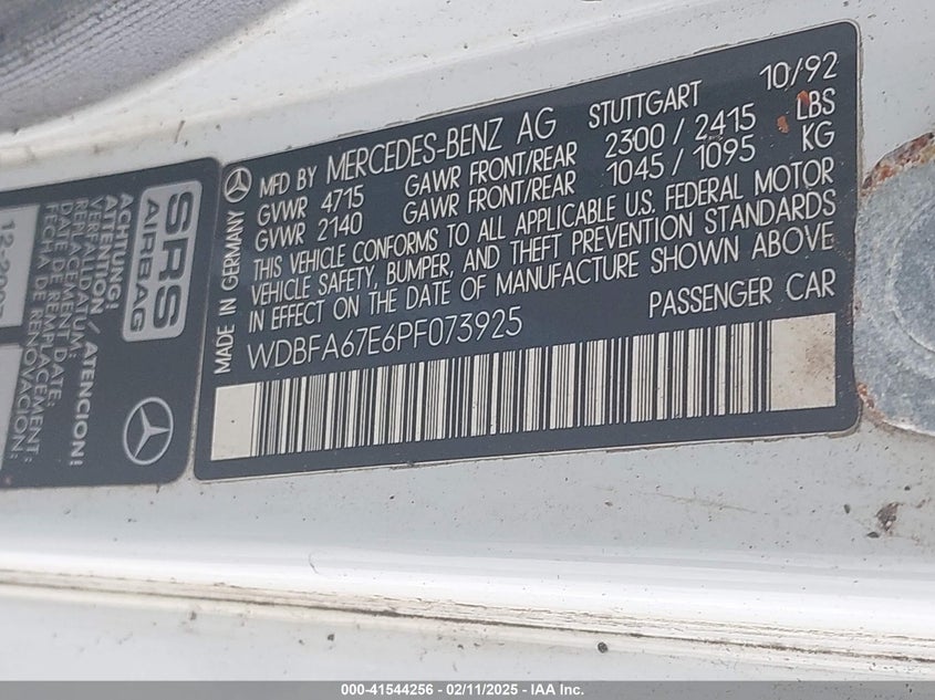 1993 Mercedes-Benz 500 Sl VIN: WDBFA67E6PF073925 Lot: 41544256