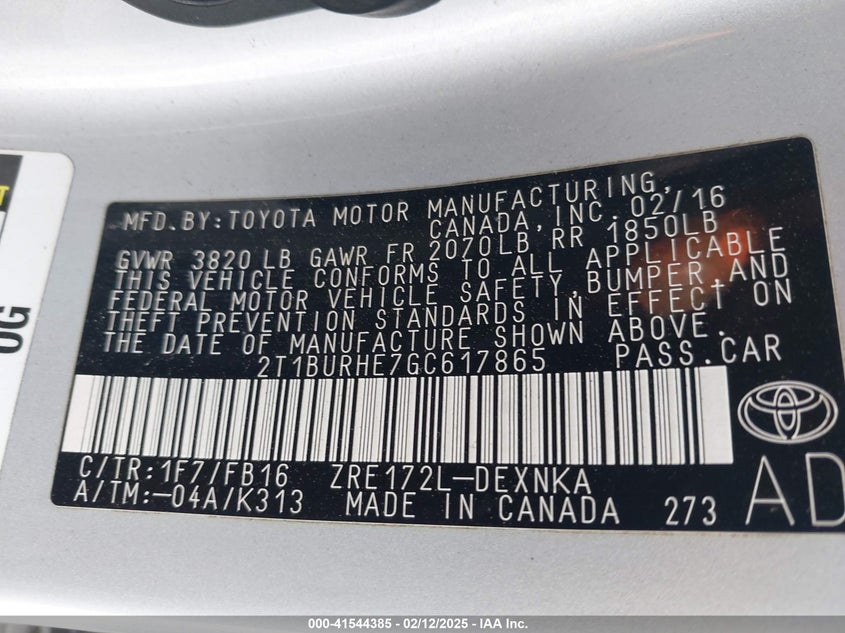 2016 TOYOTA COROLLA VIN: 2T1BURHE7GC617865