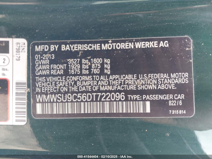 2013 Mini Hardtop John Cooper Works VIN: WMWSU9C56DT722096 Lot: 41544404
