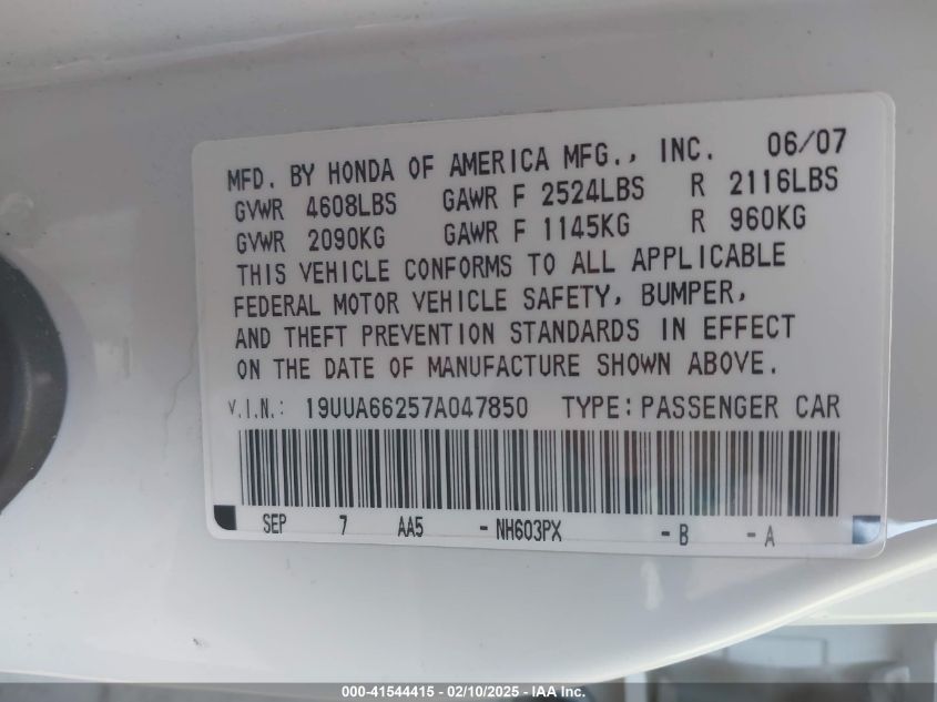 2007 Acura Tl 3.2 VIN: 19UUA66257A047850 Lot: 41544415