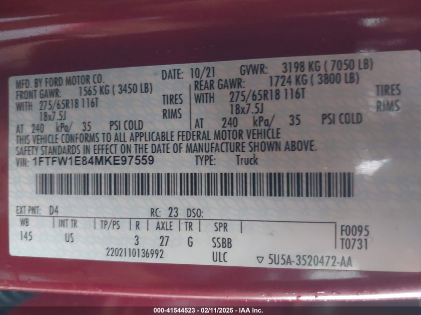 2021 FORD F150 VIN: 1FTFW1E84MKE97559