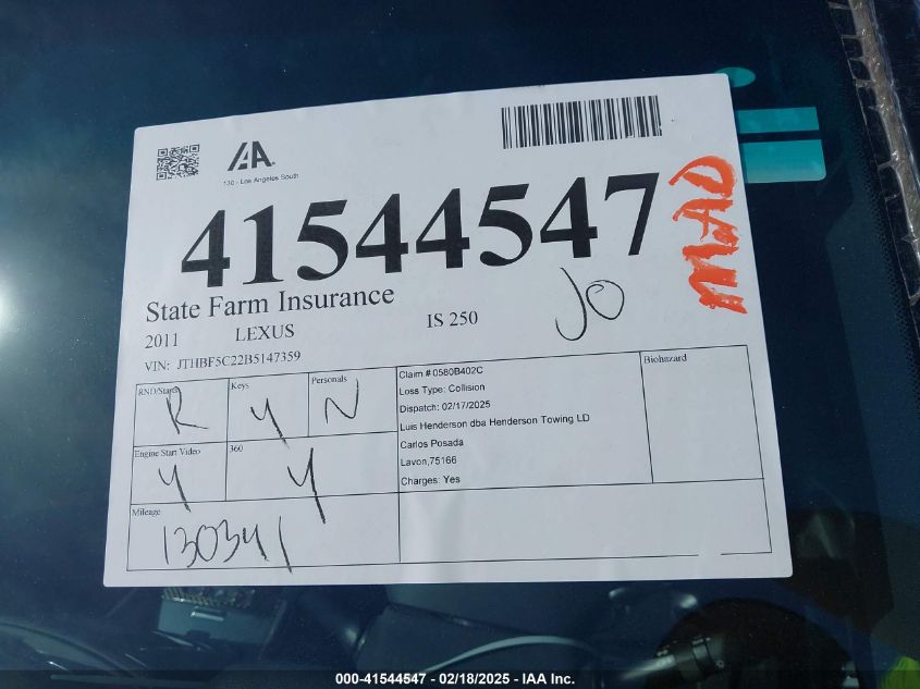 2011 Lexus Is 250 VIN: JTHBF5C22B5147359 Lot: 41544547