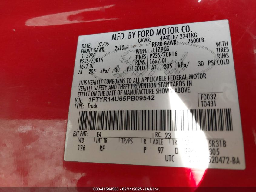 2005 Ford Ranger Edge/Stx/Xl/Xlt VIN: 1FTYR14U65PB09542 Lot: 41544563