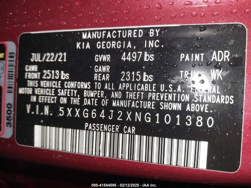 2022 Kia K5 Gt-Line VIN: 5XXG64J2XNG101380 Lot: 41544595