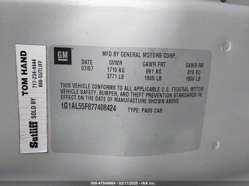 2007 CHEVROLET COBALT VIN: 1G1AL55F877408424