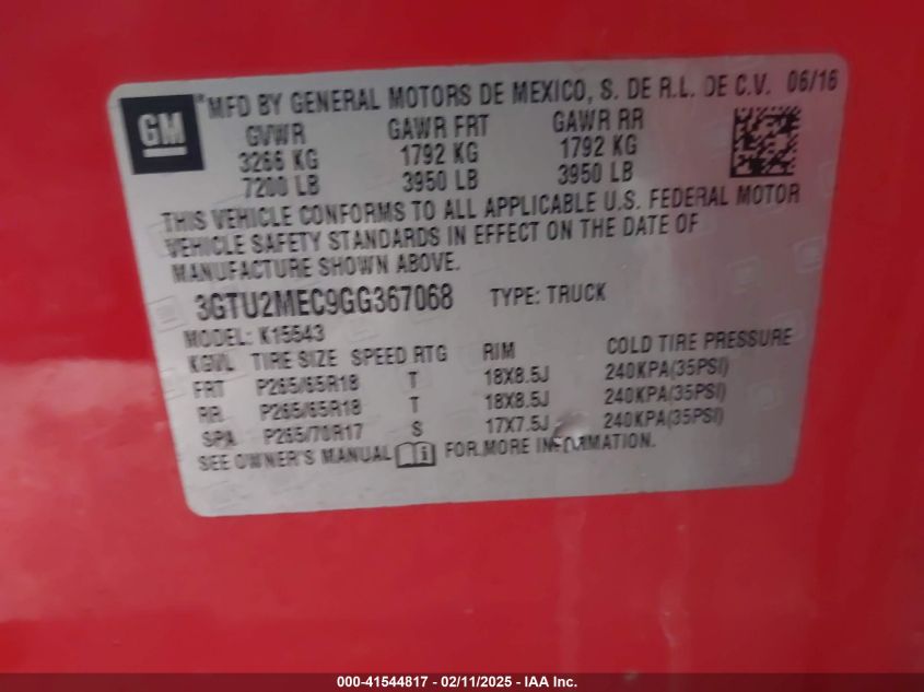 2016 GMC Sierra 1500 Sle VIN: 3GTU2MEC9GG367068 Lot: 41544817