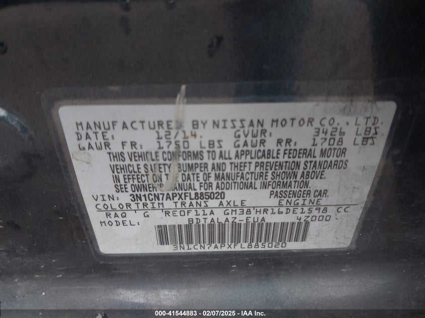 2015 NISSAN VERSA VIN: 3N1CN7APXFL885020