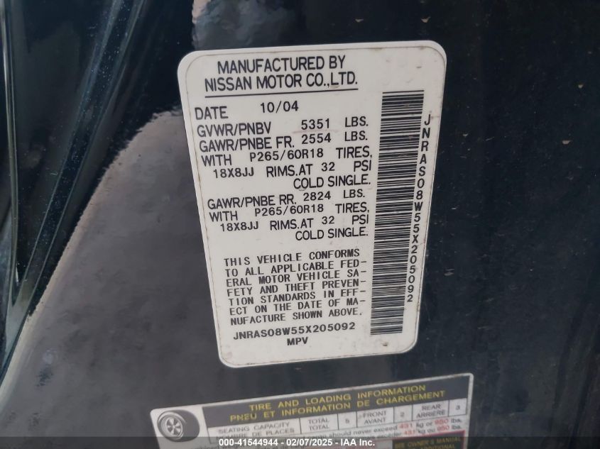 2005 Infiniti Fx35 VIN: JNRAS08W55X205092 Lot: 41544944