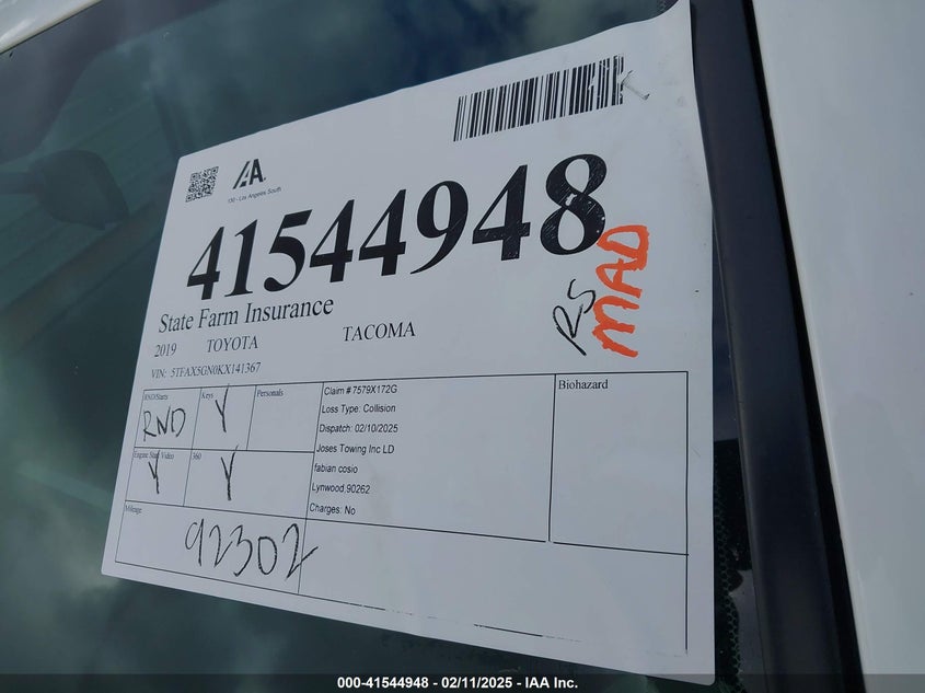 2019 TOYOTA TACOMA VIN: 5TFAX5GN0KX141367