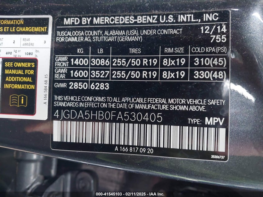 2015 MERCEDES-BENZ ML 350 VIN: 4JGDA5HB0FA530405